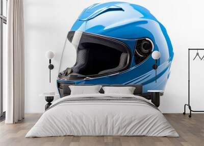 A striking blue helmet rests on a pristine white backdrop Wall mural