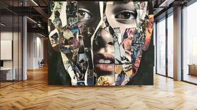 Abstract Collage of a Woman's Face with Torn Paper Fragments Wall mural