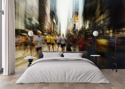 Runners in a city marathon, with a dynamic blur effect capturing their movement. Wall mural