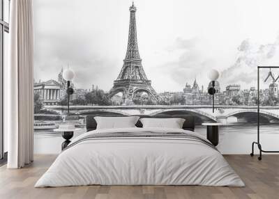 Black and White Sketch of the Eiffel Tower and Bridge in Paris Wall mural