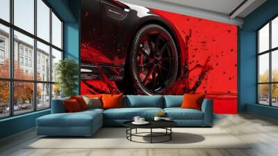 Black Car Emerging from Red Liquid Splashes Wall mural