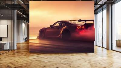 Black Sports Car Drifting with Smoke at Sunset Wall mural