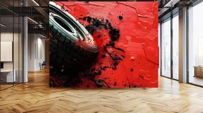 Black Tire Against Red Paint Splatter Wall mural