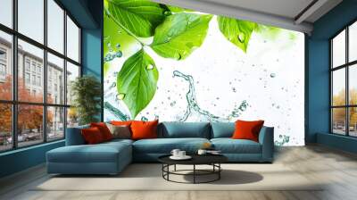 Herbal drink wave splash with mint leaves and water flow. Menthol, peppermint, match tea green foliage. Vector organic beverage 3d advertising with realistic leaves in aqua and splatters Wall mural