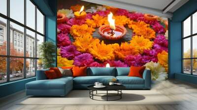 Illuminated Floral Arrangement with Burning Diyas Wall mural