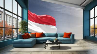 Luxembourg national flag cloth fabric waving on beautiful grey sky Background. Wall mural