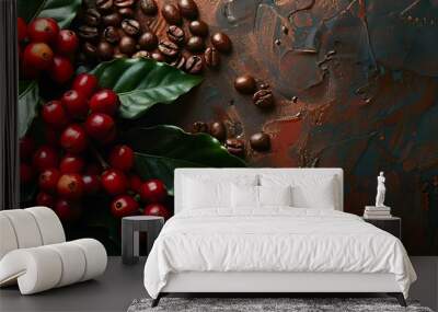 Red Coffee Beans and Leaves on Dark Background Wall mural