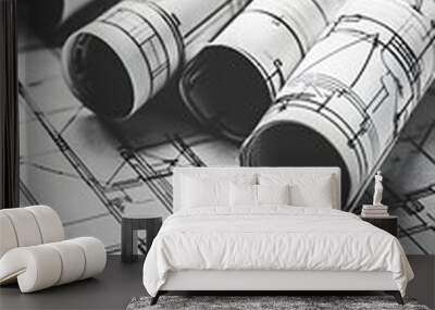 Rolled-up Architectural Blueprints on a Table Wall mural