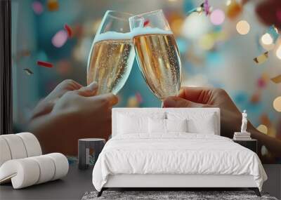 Two Hands Clinking Champagne Flutes with Confetti Falling Wall mural