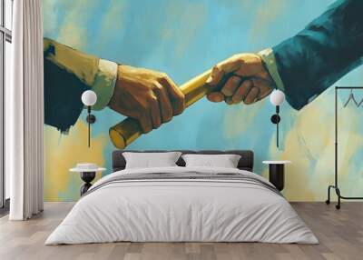 Two Hands Passing a Golden Baton Against a Blue and Yellow Background Wall mural