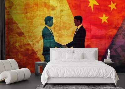 Two Silhouetted Figures Shaking Hands Against a Red and Yellow Background Wall mural