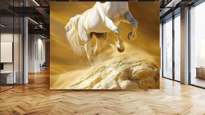 White Horse Leaping Over Rock in Desert Landscape Wall mural