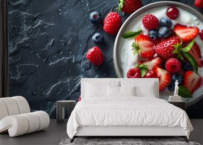 Yogurt with Strawberries, Blueberries, Raspberries, and Mint Wall mural