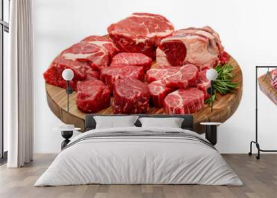 Assorted cuts of raw red beef on a butcher's board, showcasing variety and freshness on transparent background Wall mural