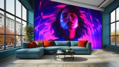 caucasian female singer portrait isolated on neon Wall mural