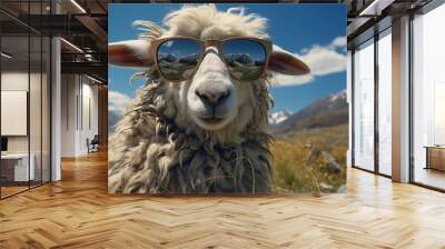 Funny sheep wearing sunglasses. Wall mural