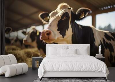 Group of cows at cowshed eating hay or fodder on dairy farm Wall mural