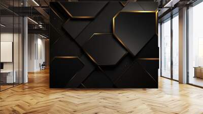 Luxury hexagonal abstract black metal background with golden light lines. Dark 3d geometric texture illustration. Bright grid pattern. Pure black horizontal banner wallpaper. Carbon elegant wedding -- Wall mural