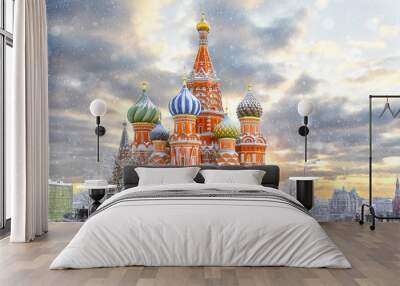 Moscow, Russia, Red square, view of St. Basil's Cathedral, Russian winter Wall mural