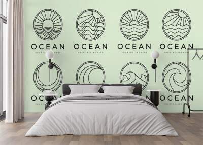 Unset of ocean waves minimalist line art logo vector illustration template design. bundle collection various of ocean wave isolated with badge icon logo design Wall mural