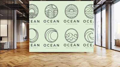 Unset of ocean waves minimalist line art logo vector illustration template design. bundle collection various of ocean wave isolated with badge icon logo design Wall mural