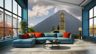 La Fortuna de San Carlos Catholic church tower with Arenal volcano Costa Rica Wall mural