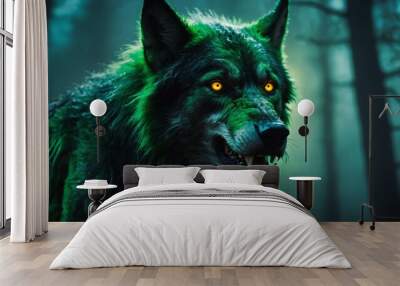 abstract eerie glowing green closeup of a Halloween werewolf on misty background, bokeh background Wall mural