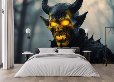 abstract eerie glowing yellow closeup of a Halloween demon on misty background, bokeh background Wall mural