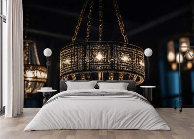 aesthetic decorative chain shaped chandeliers on black themed background. bokeh style Wall mural