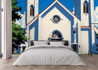 church exterior retro anime high-quality image and aesthetic finish background Wall mural