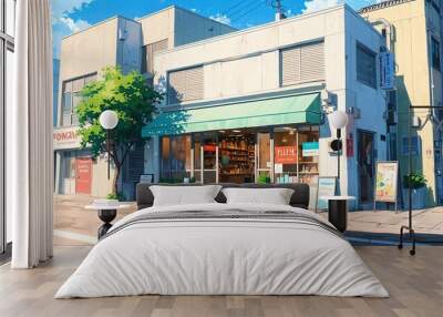 convenience store exterior anime high-quality image and aesthetic background Wall mural