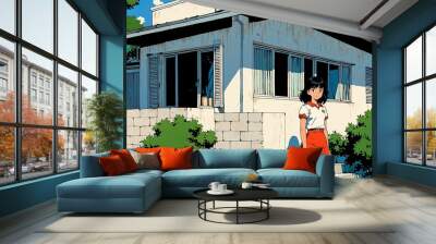 house exterior retro anime high-quality image and aesthetic finish background Wall mural