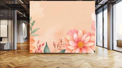 pretty pink theme flowers on pastel orange background, concept for banner, watercolor style Wall mural