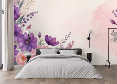 pretty purple theme flowers on pastel pink background, concept for banner, watercolor style Wall mural