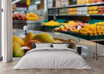 white plastic table with a woven tray filled with fres background Wall mural