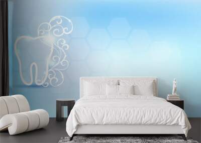 Beautiful dental background, tooth symbol with white abstract swirly flower on a delicate clean blue background Wall mural