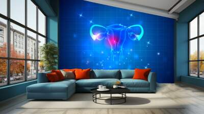 Female reproductive organs uterus and ovaries health care on an abstract blue background, normal cardiogram at the bottom Wall mural