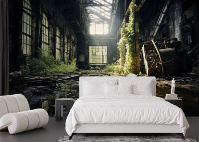 abandoned factory building with puddles of water and vegetation growing inside Wall mural