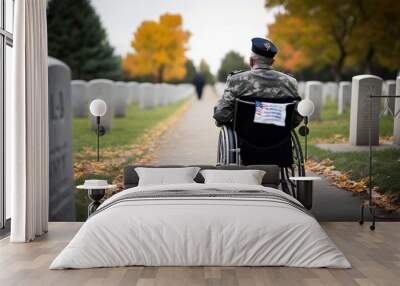 A military veteran in a wheelchair, at a military cemetery, honors the memory of fallen colleagues. generative AI	
 Wall mural