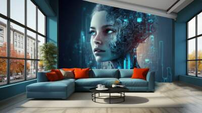 Artificial intelligence, abstract cyborg android.  is not based on any real person. generative AI Wall mural