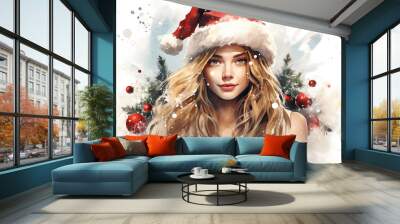 girl in santa claus hat,art background Wall mural