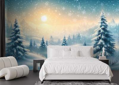 illustration of a christmas winter scene landscape in beautiful colors for a modern christmas greetings card Wall mural