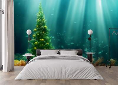 illustration of a decorated christmas tree under water in a reef for a unique christmas greetings card Wall mural