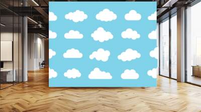 White abstract cloud illustration set. Cute fluffy, bubbly clouds collection. White cloudy shape isolated on blue background. Flat vector decoration element. Wall mural