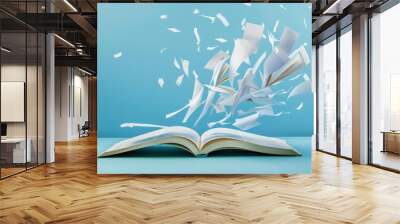 Open Book With Pages Flying Upwards Wall mural