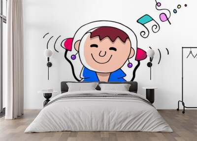 Illustration of a girl enjoying music on headphone Wall mural