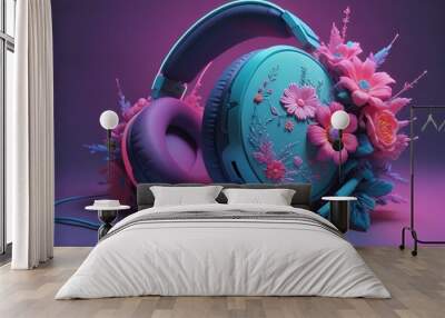 green headphones on pink background Wall mural