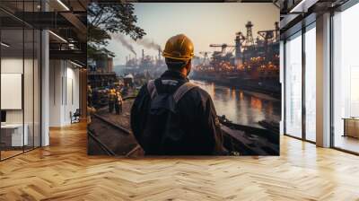 An engineer from behind at a ship dock watching ship  in  construction Wall mural