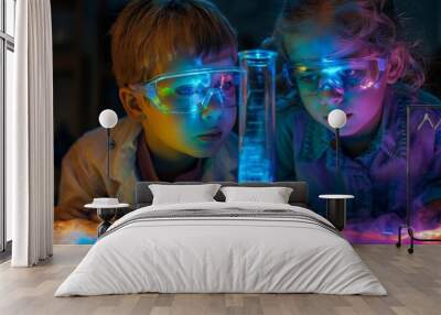 Children Observe Colorful Chemical Reaction. Wall mural