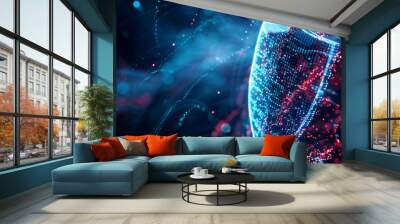 Abstract background with digital shield made of data particles glowing blue blocking against cyber attacks. Concept of cyber security technology and protection in network or system. AI technology. Wall mural